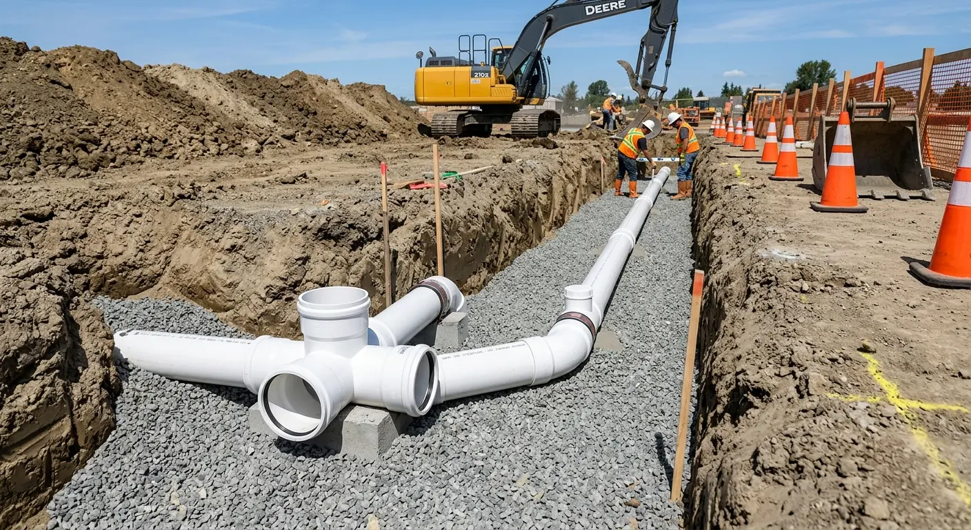 New PVC sewer pipe installation in open trench for Commercial Drain Cleaning in Astoria