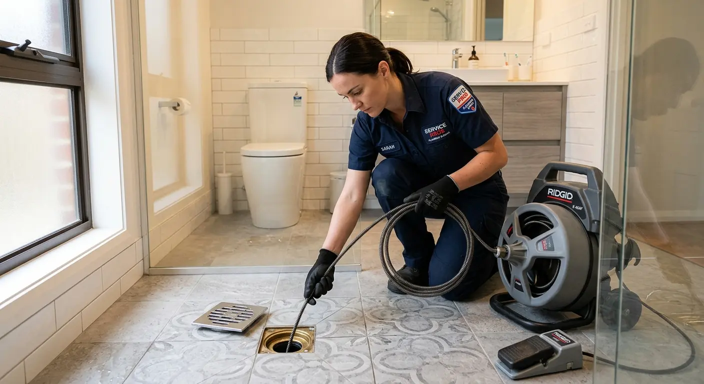 Technician clearing a bathroom floor drain for Sewer Line Installation in Astoria